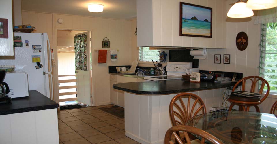 View of the kitchen from the dining area.